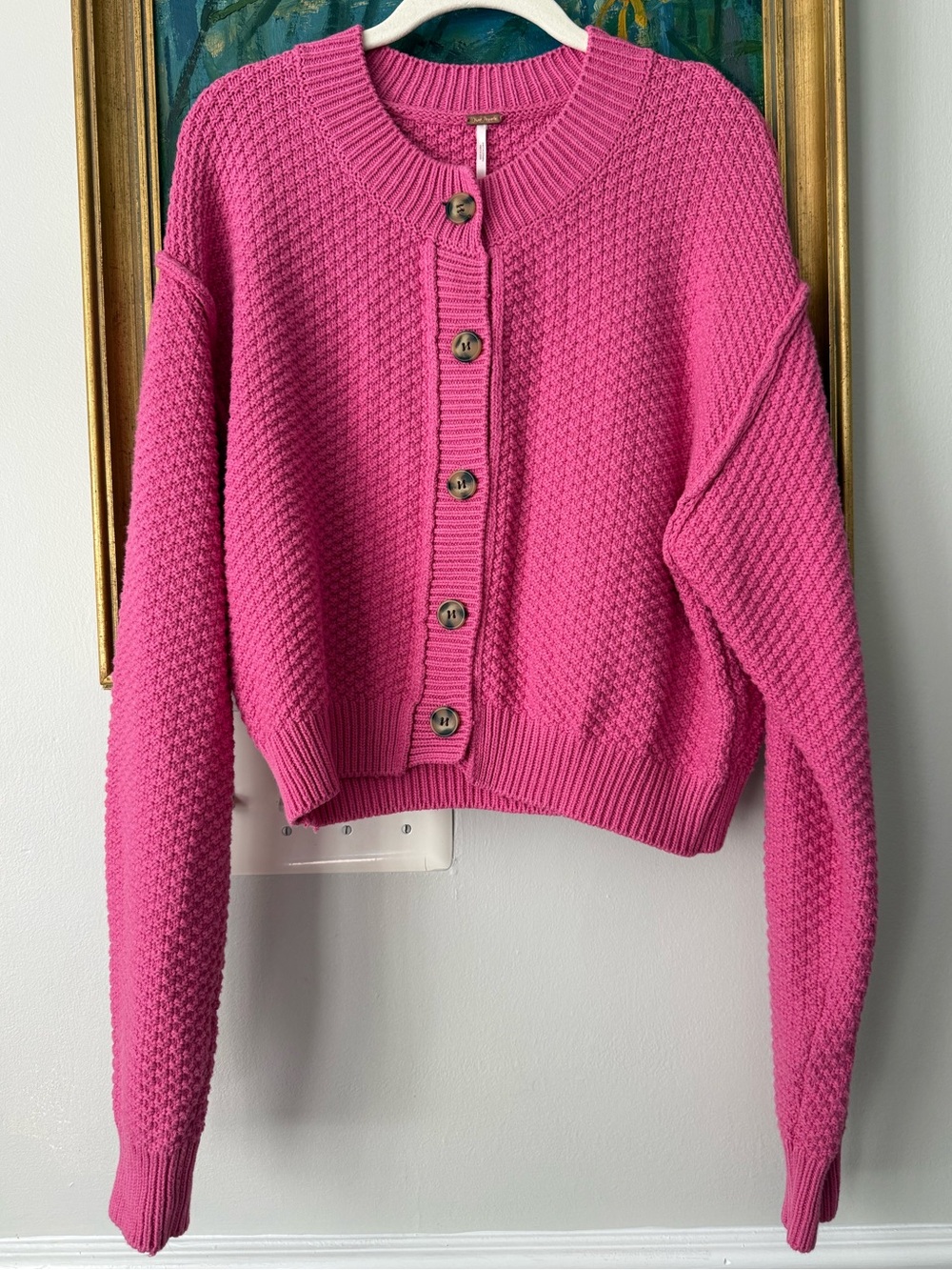 Free People Vibrant Pink Button-Front Knit Cardigan